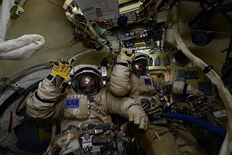 EVA cosmonauts in Pirs airlock