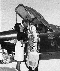 Joe Engle and his wife Mary share a moment on the lakebed after his first X-15 astronaut flight on 29 June 1965.