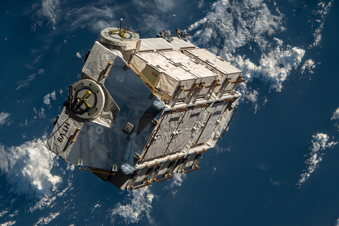 An external pallet packed with old nickel-hydrogen batteries is released from the Canadarm2 robotic arm